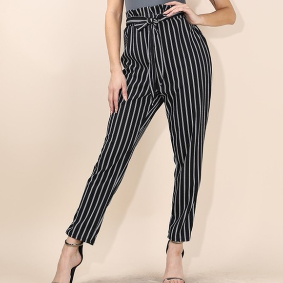 New Black and white tie Striped paper bag pants - Picture 5 of 8